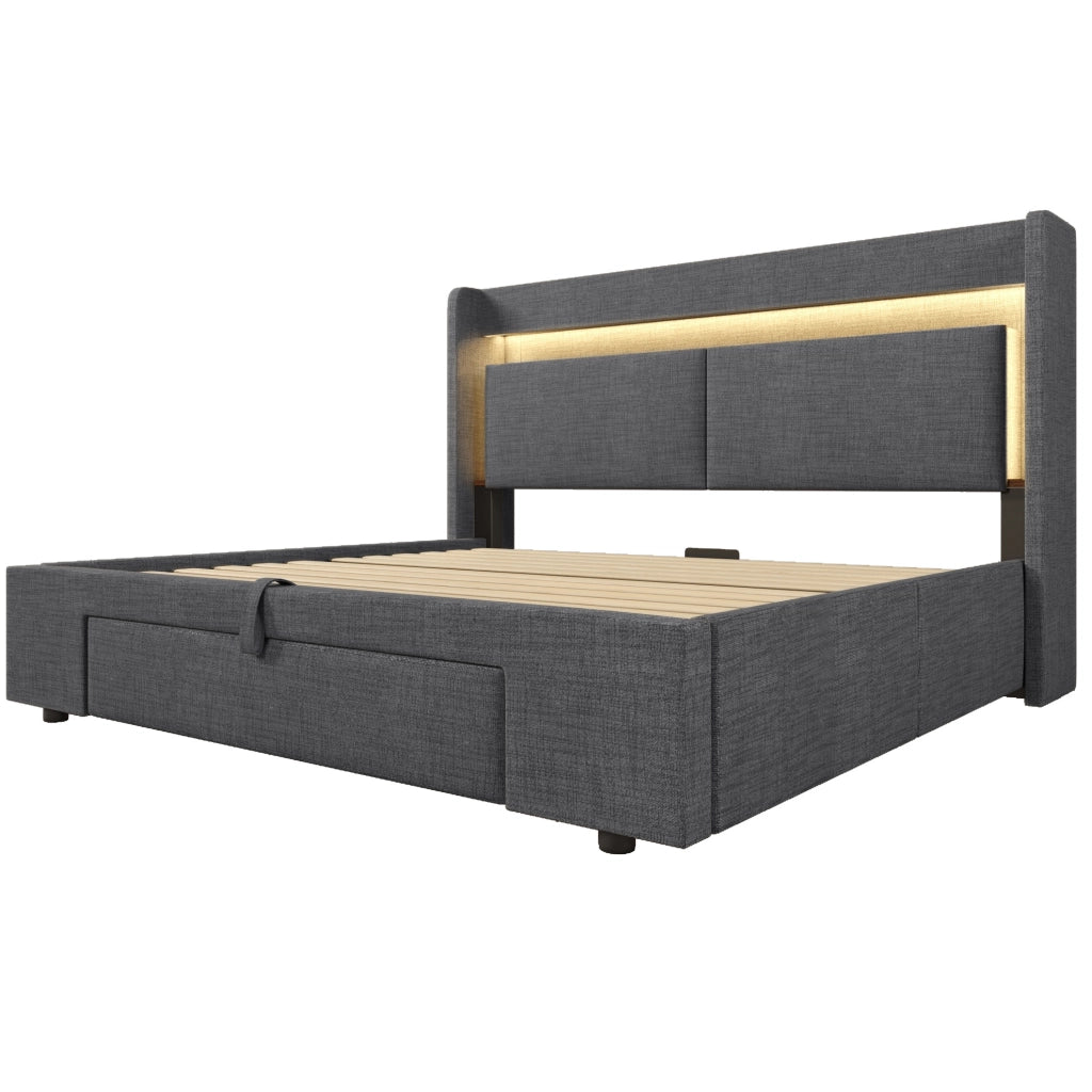Letto matrimoniale 160x200 cm contenitore con LED; USB e USB-C grigio HOMVRA
