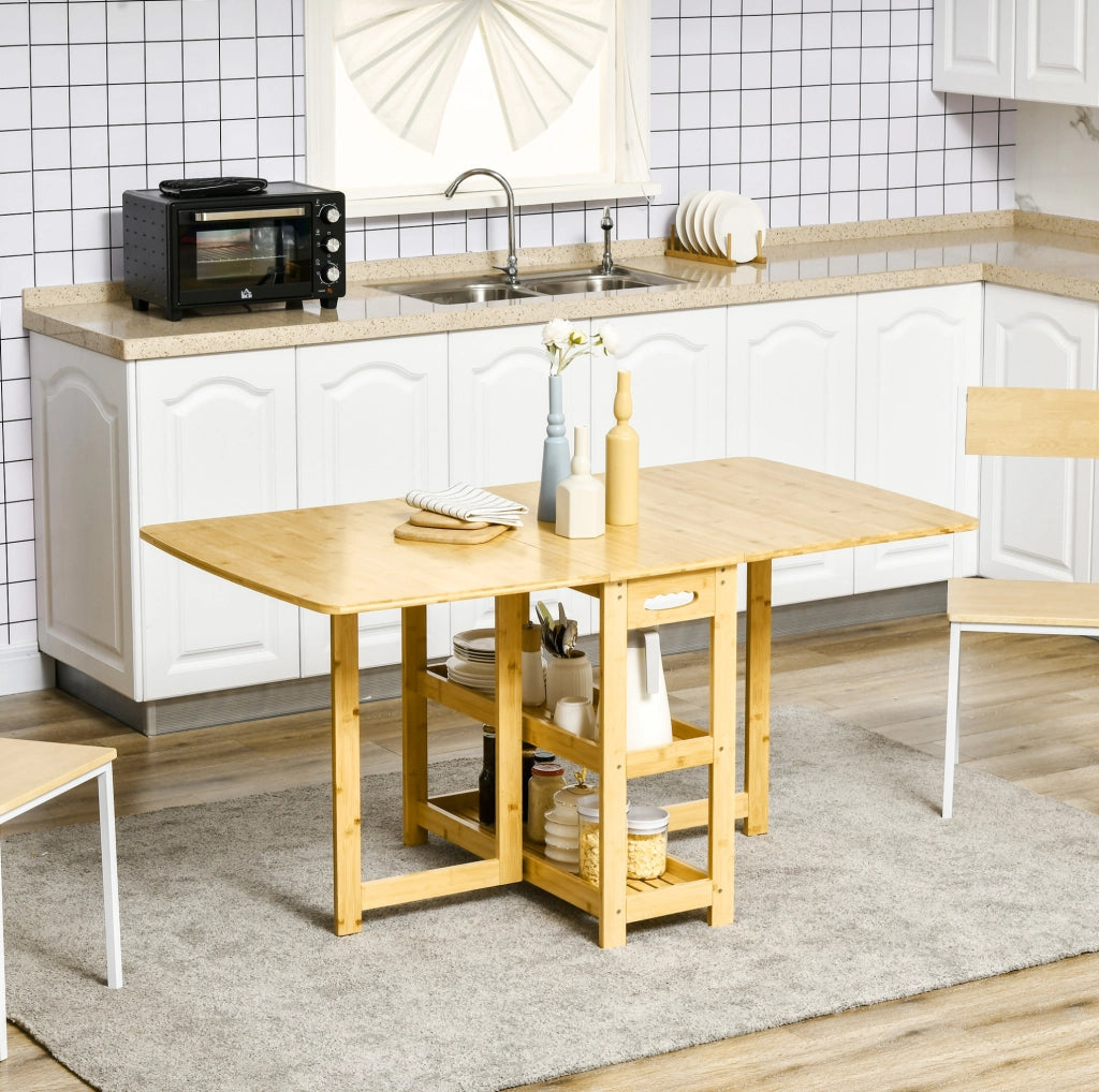 Tavolo da pranzo pieghevole 149,5x80x73,5 cm in bambù naturale, con ripiani