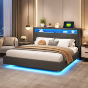 Letto matrimoniale imbottito 160x200 cm con LED e presa USB; grigio