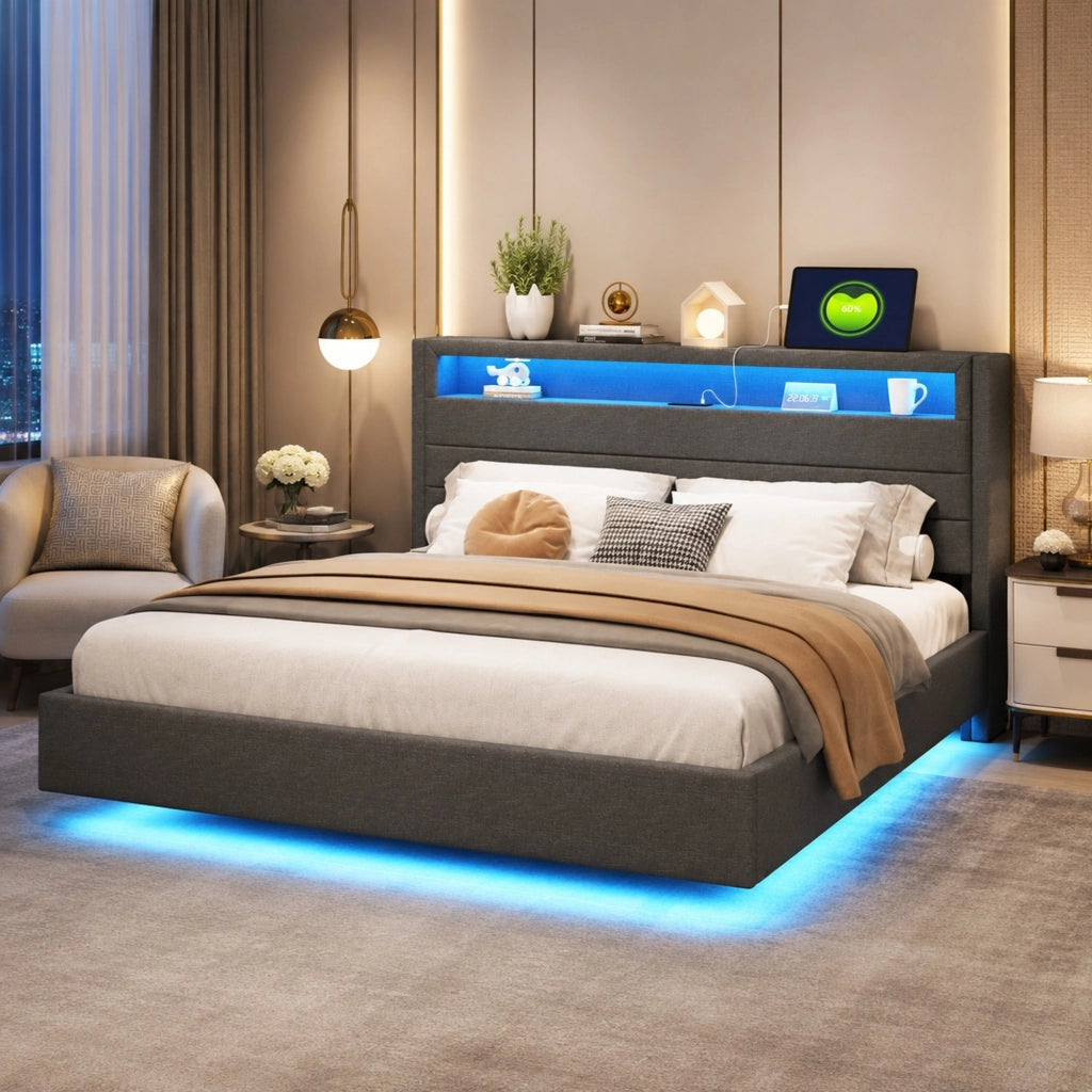 Letto matrimoniale imbottito 160x200 cm con LED e presa USB; grigio