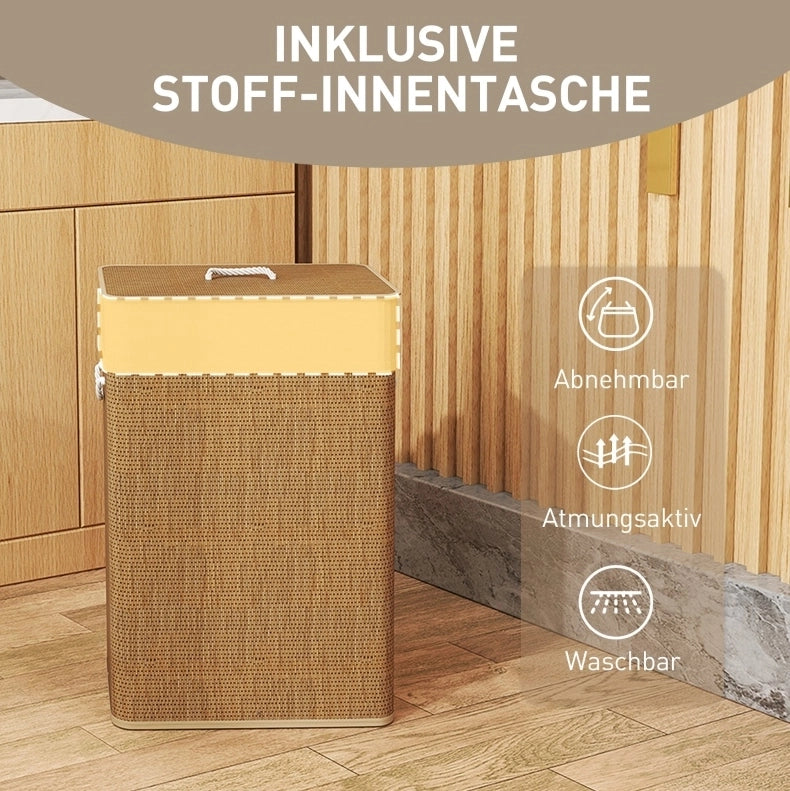 Cesto portabiancheria in bambù con coperchio 72L e sacco estraibile lavabile, con maniglie in corda, per bagno e camera da letto, marrone