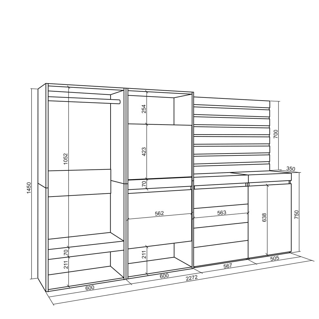Scarpiera, 227x35x145cm, Camera da letto, Armadio Aperto, Cassettiera, Pannelli Decorativi, colore Rovere RF3541