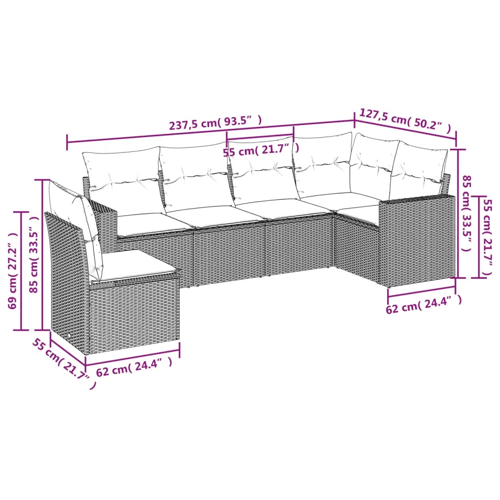 Set Divano da Giardino 6pz con Cuscini Grigio Chiaro Polyrattan