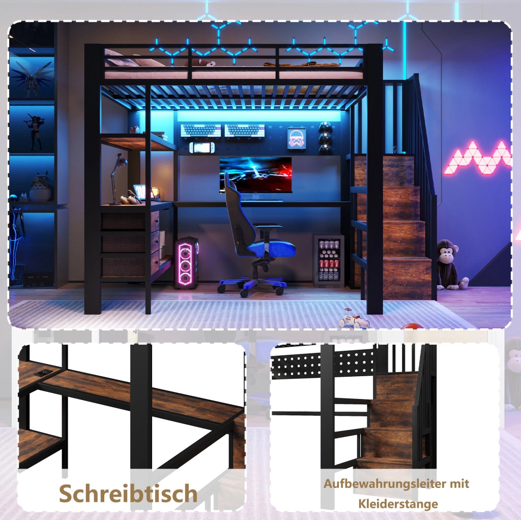 Letto a soppalco in metallo 140x200 cm con scrivania, cassetti, pannello perforato, presa elettrica e luce LED, nero