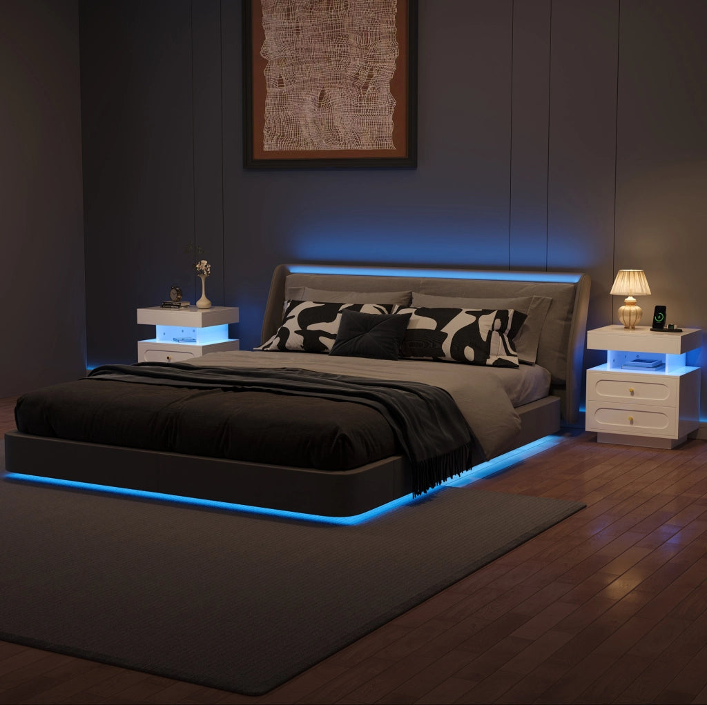 Comodino LED con 2 Cassetti e Ripiano Aperto, Bianco, 50x40x60 cm