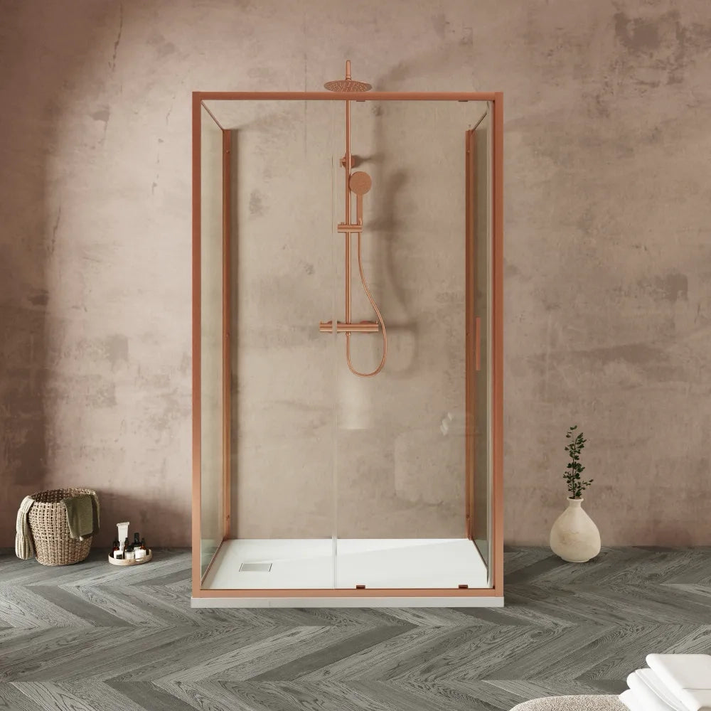 Box doccia tre lati 70x120x70cm con porta scorrevole profili rame spazzolato vetro 6mm trasparente anticalcare h190| Portofino