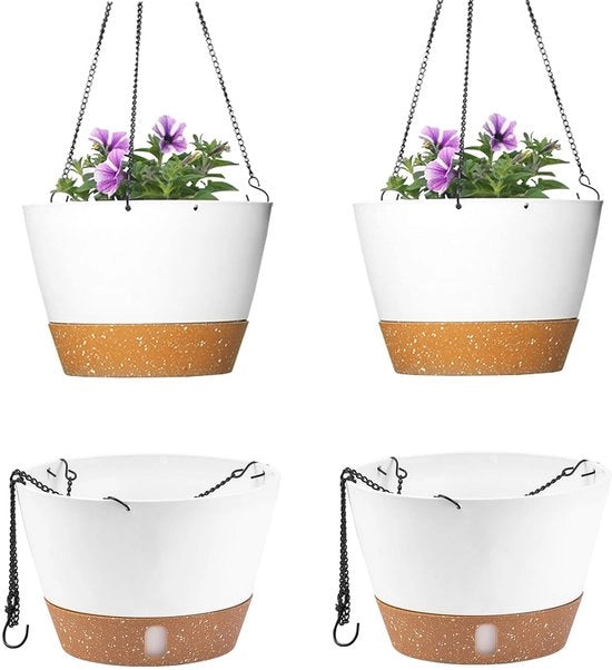 2 pezzi di vasi da piante appesi per dentro e fuori, vaso da piante con livello d'acqua visibile, bacino di raccolta con foro di drenaggio, vasi da piante autoirriganti per giardino e casa (bianco, 20 cm)