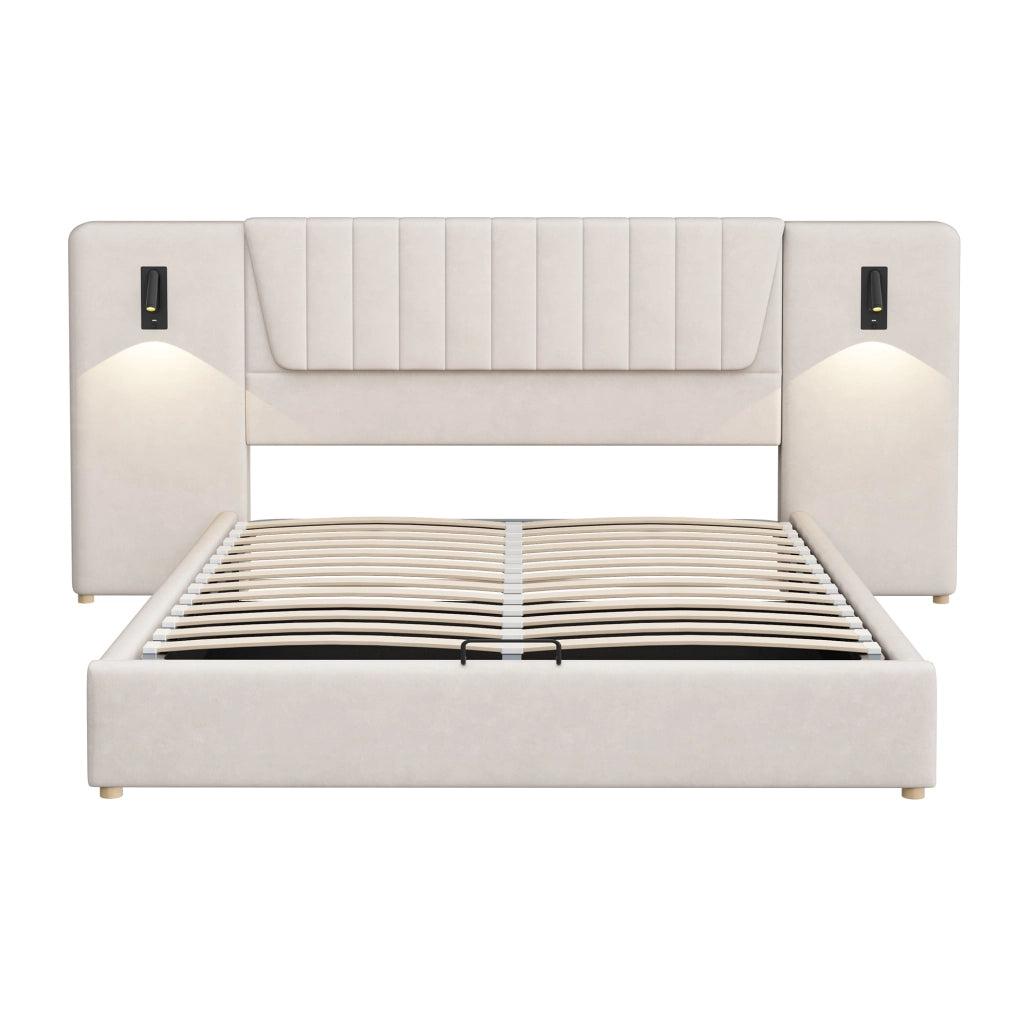 DESMIU Letto Matrimoniale 180 × 200 cm con contenitore idraulico, lampade da lettura, USB, senza materasso, in velluto, beige