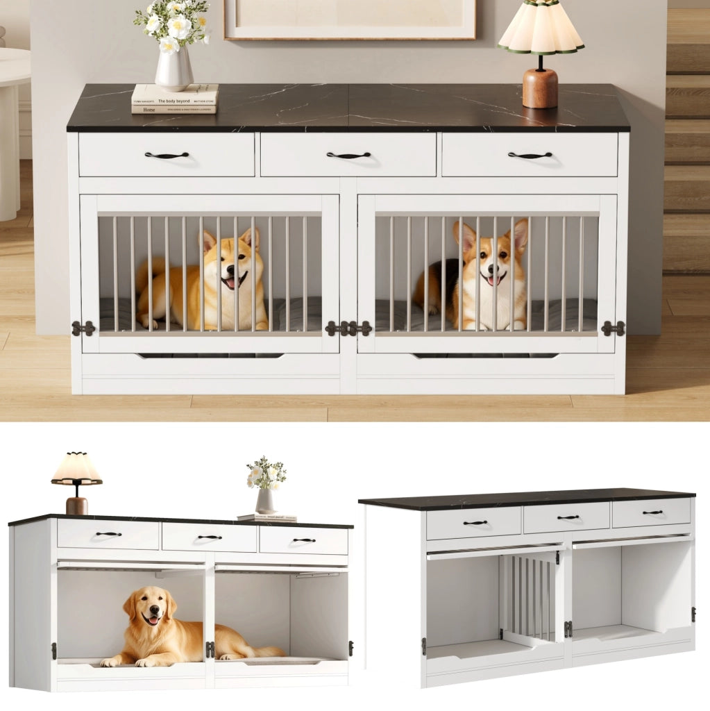 Gabbia per Cani in Legno e Metallo 164 x 60 x 81 cm con Porta Sollevabile e 3 Cassetti Bianca e Nera