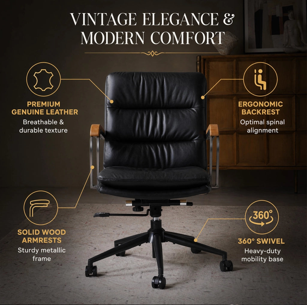 Sedia da ufficio ergonomica in pelle nera con braccioli e ruote