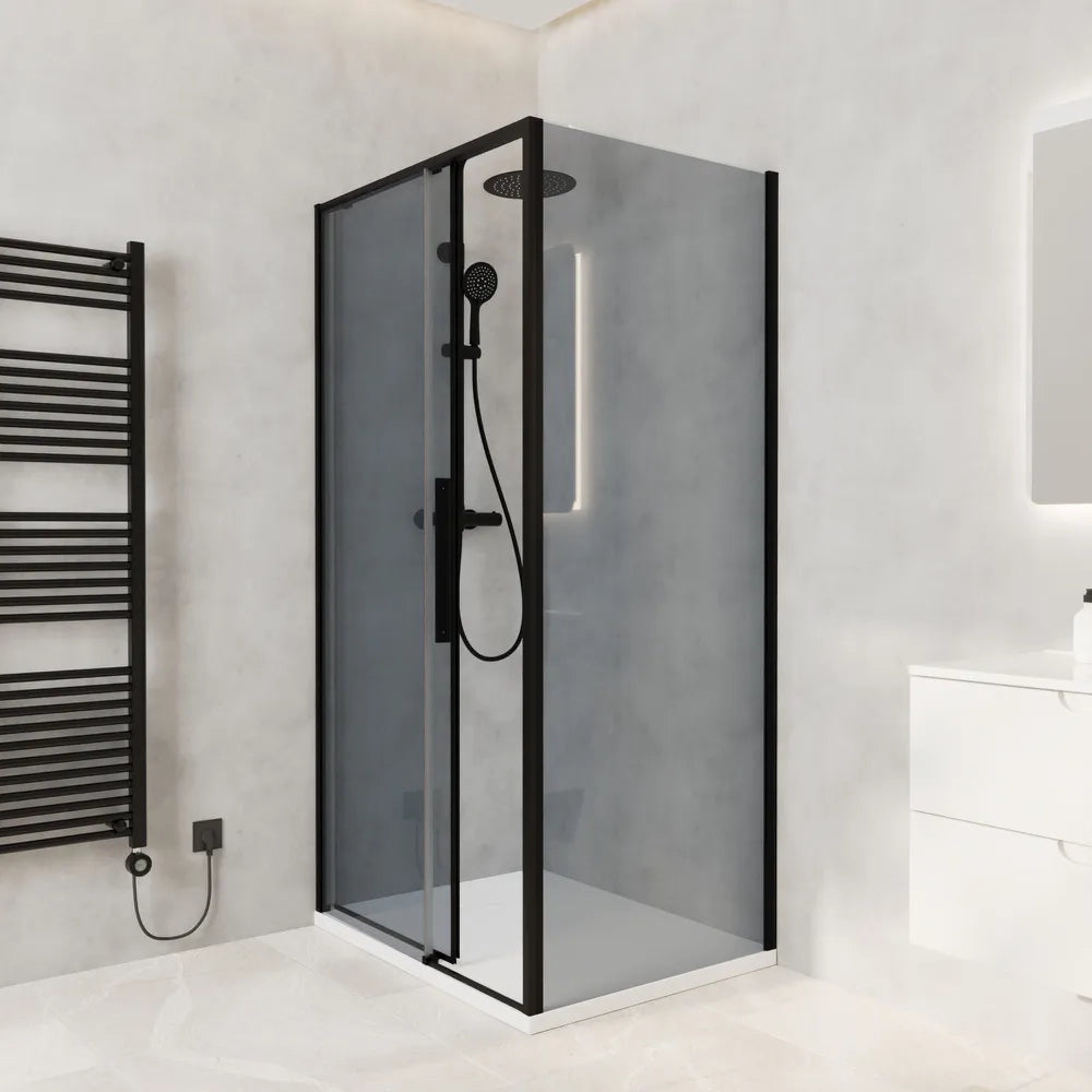 Box doccia angolare 120x70cm apertura scorrevole profili nero opaco vetro 6mm fumè anticalcare h195 | Canaria