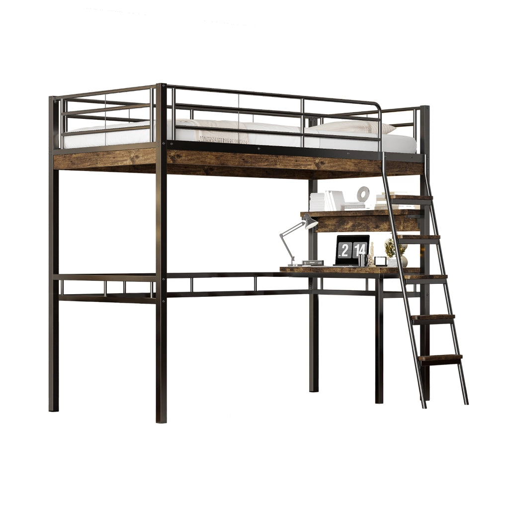 Letto a soppalco 90 × 200 cm con scrivania e scaffali in metallo e MDF nero con scala e sponde