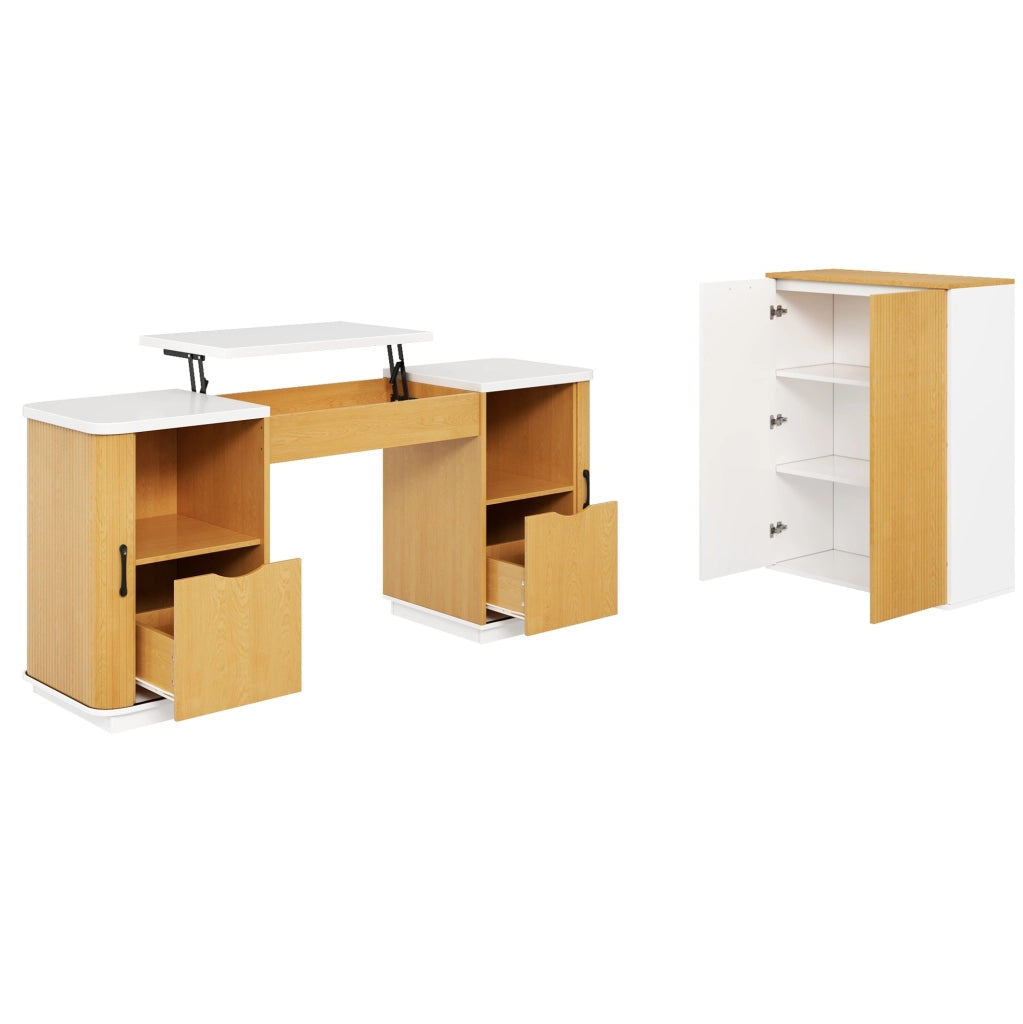 Set ufficio ULEVR con scrivania regolabile 140x50 cm e armadio archivio 80x40x110 cm, bianco e rovere