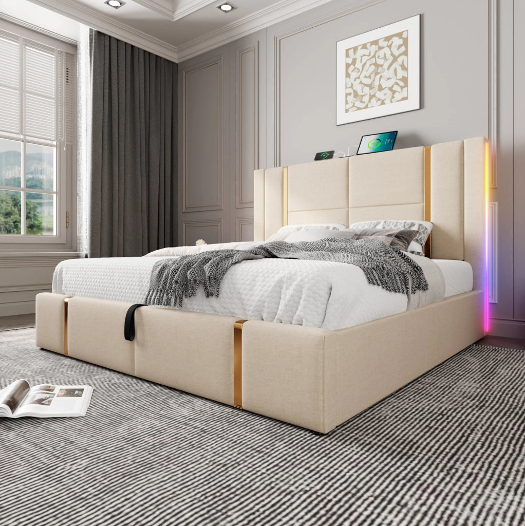Letto imbottito beige 140 x 200 cm con LED, ricarica USB e Type-C