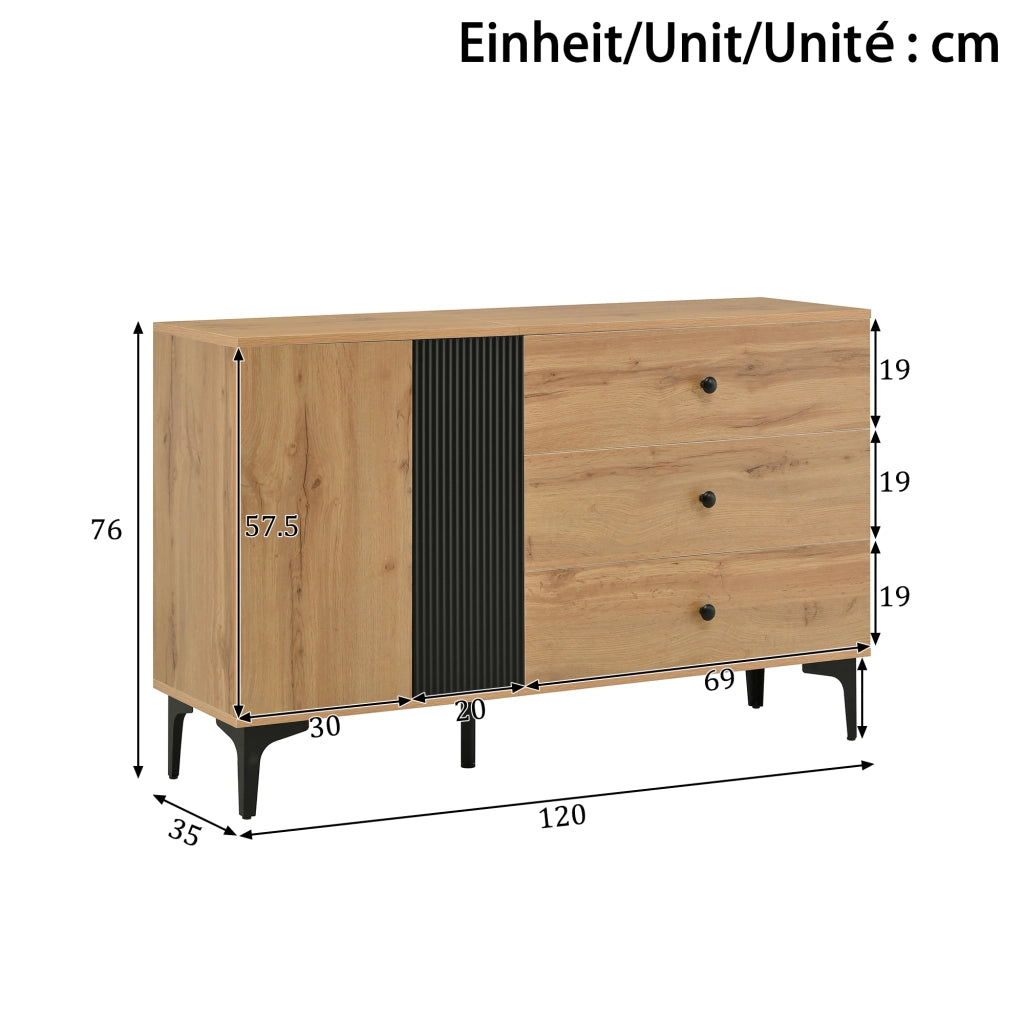 OKWISH Credenza con 1 Anta e 3 Cassetti, Piedini in Metallo, per Soggiorno e Sala da Pranzo, Nero e Naturale, 120 x 35 x 76 cm