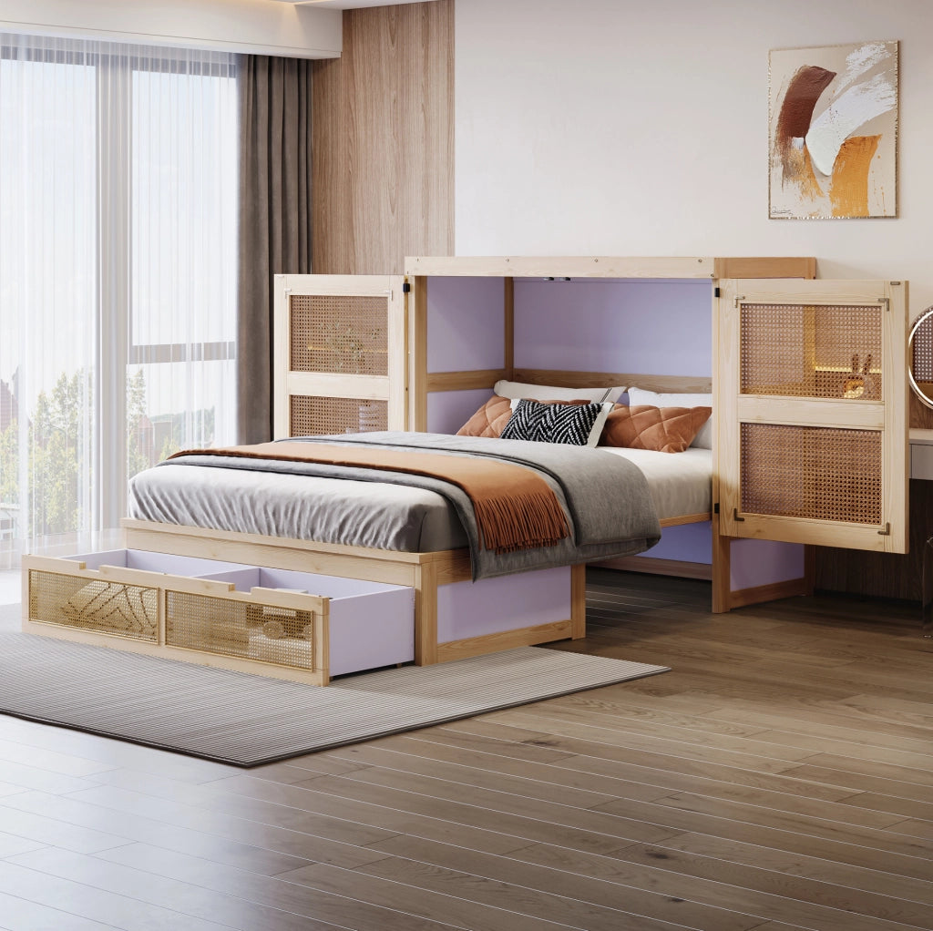 Letto a scomparsa 140x200 cm con struttura in legno color legno e cassetti contenitori, design con rattan, letto singolo salvaspazio
