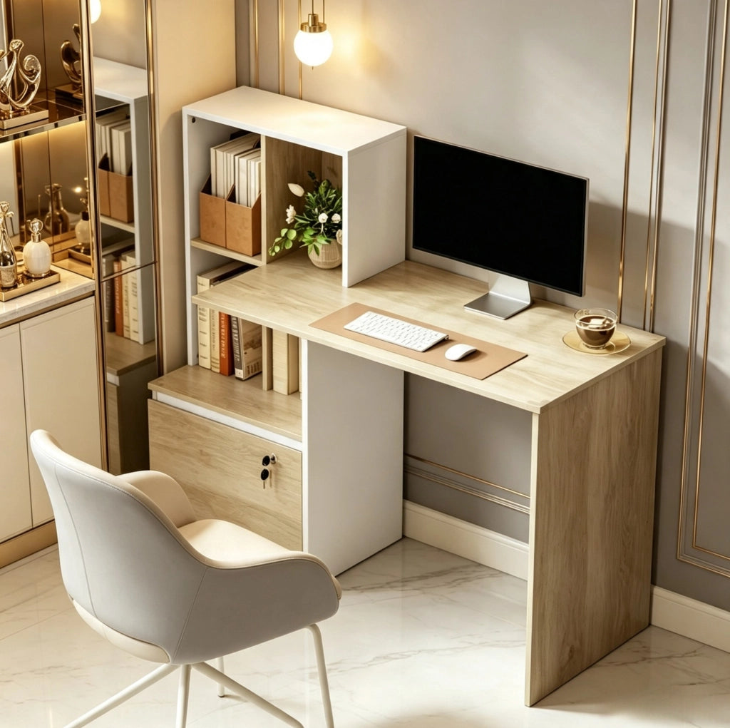 Scrivania per computer con libreria, cassetto chiudibile e 4 vani