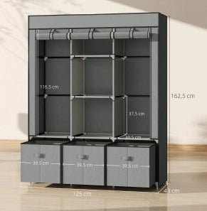 Armadio in tessuto con appendiabiti e cassetti, 125x43x162,5 cm, grigio chiaro