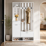 Set di mobili da ingresso con 8 ganci; panca con cuscino PU; 2 cassetti e vani aperti bianco 100 × 30 × 180 cm
