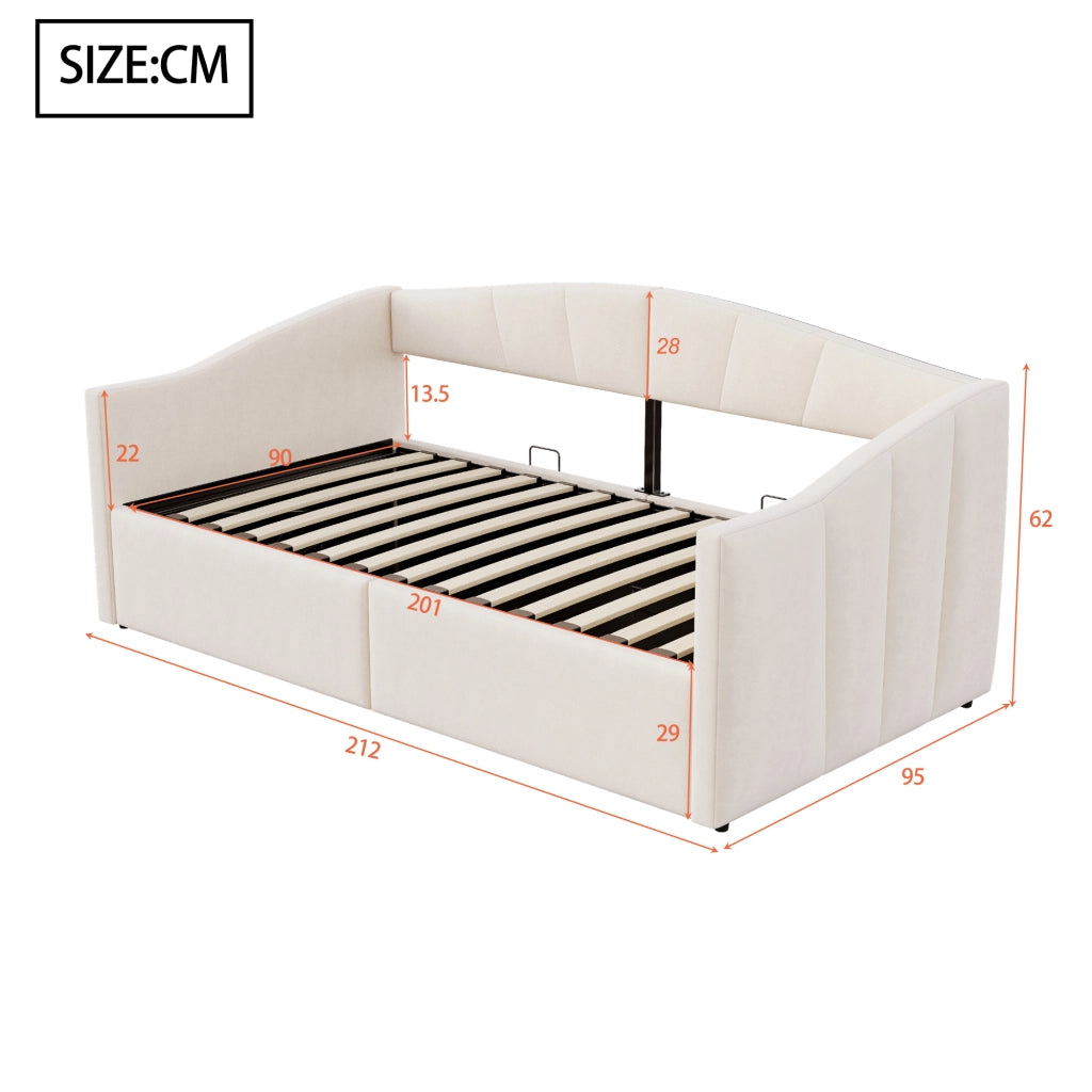 Letto contenitore singolo 90×200 cm con sollevamento idraulico e rete a doghe; senza materasso; velluto; beige