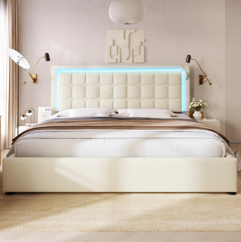 Letto matrimoniale 140x200 cm con LED, contenitore e rivestimento in PU