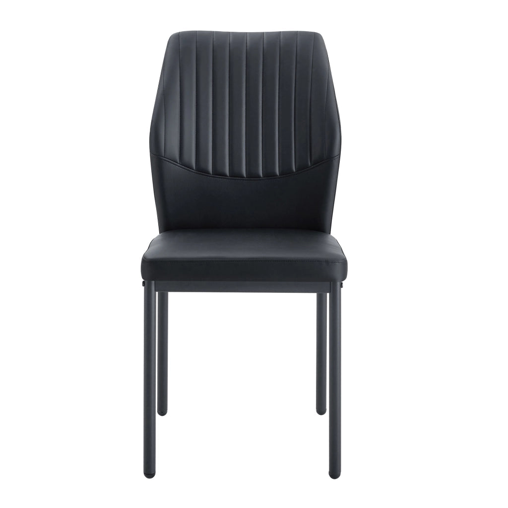Sedia da pranzo in pu nero con schienale a righe verticali e gambe in metallo, set da 4