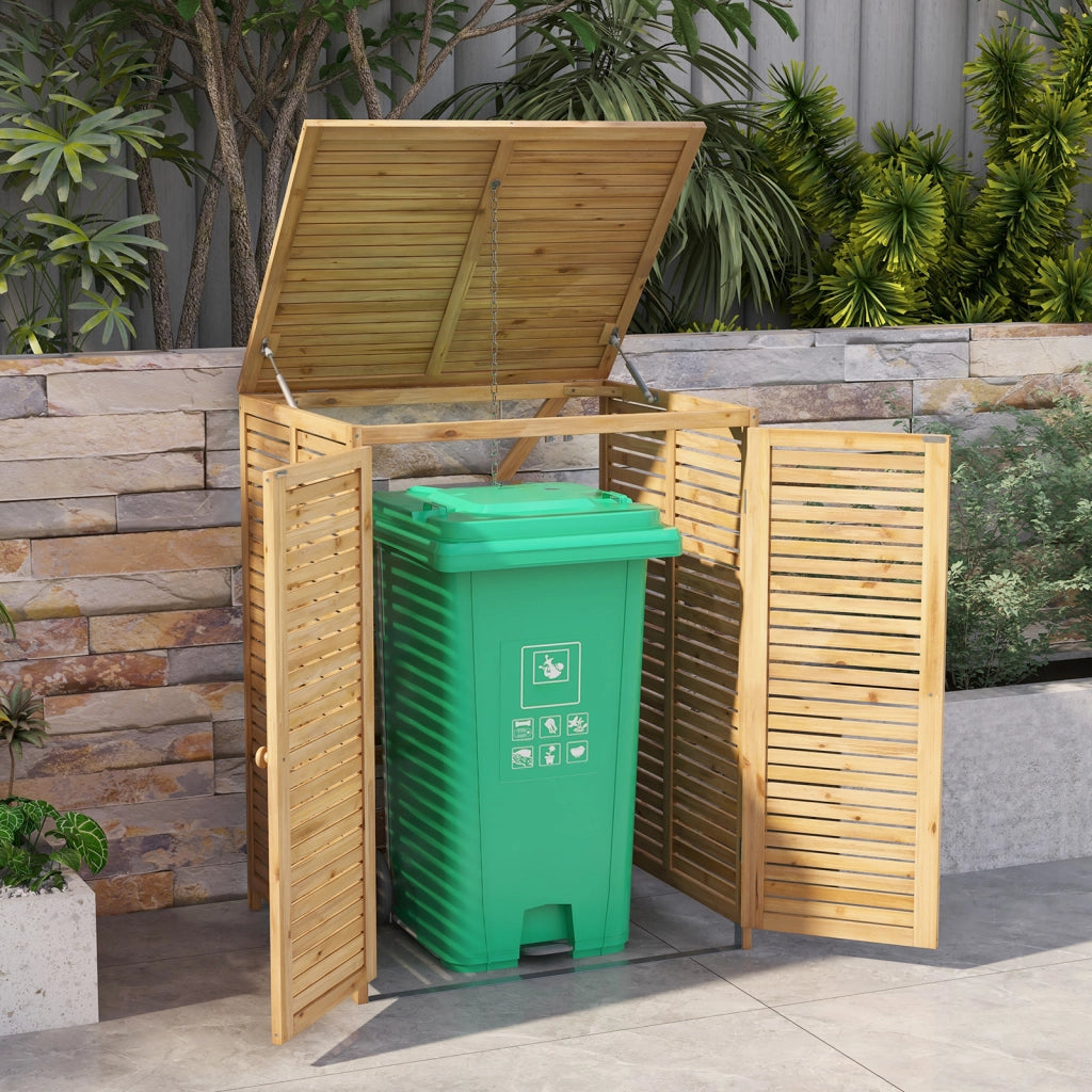 Casetta in legno per bidone della spazzatura da 120L, Riparo esterno per contenitore rifiuti con coperchio apribile Naturale 3 Pezzi