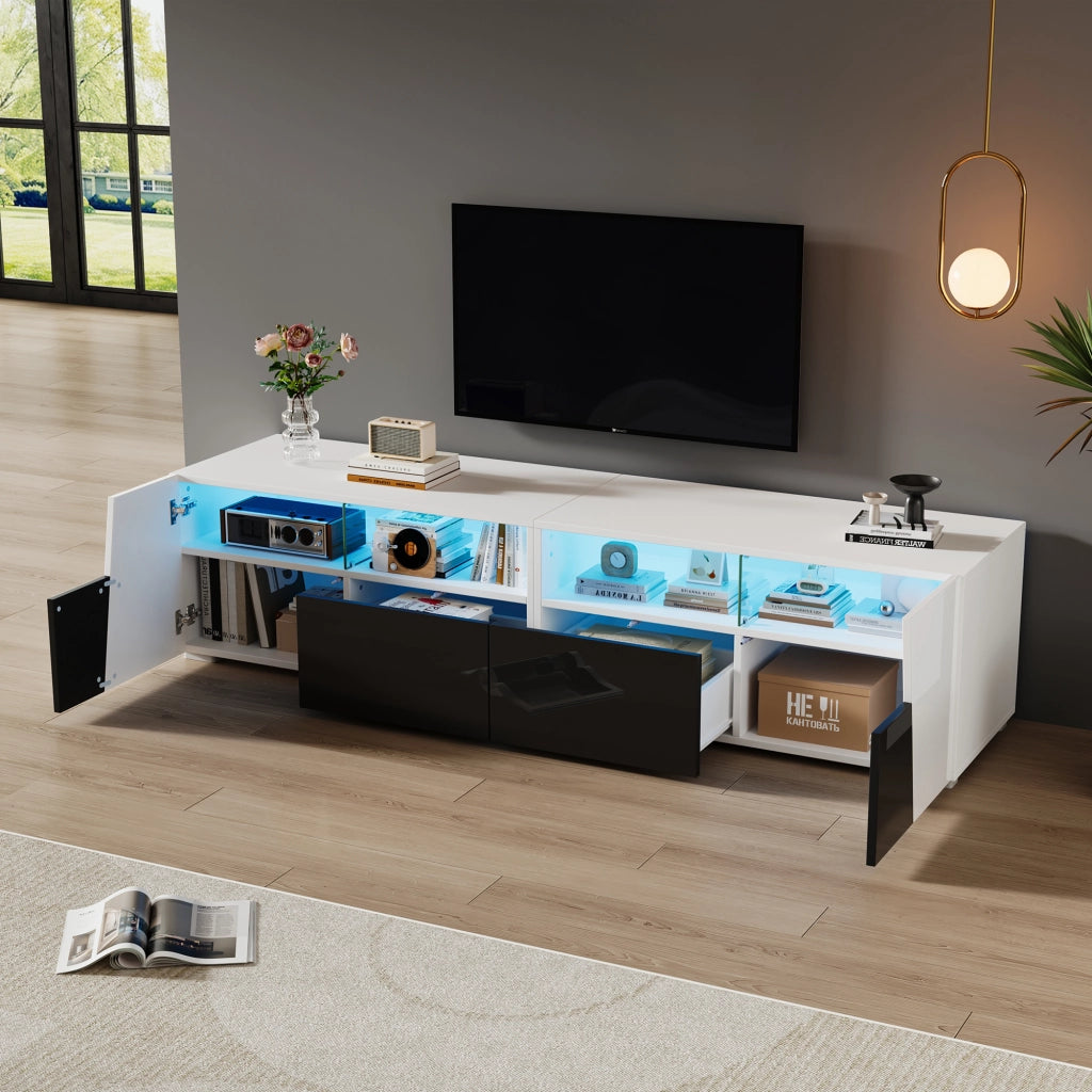 Mobile TV 180x38;5x45 cm con LED Bluetooth; 2 cassetti e 2 ante; MDF e vetro bianco e nero