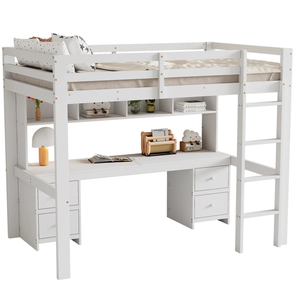 Letto a soppalco per bambini 90x200 cm in legno di pino bianco con scrivania e ampio spazio di stoccaggio