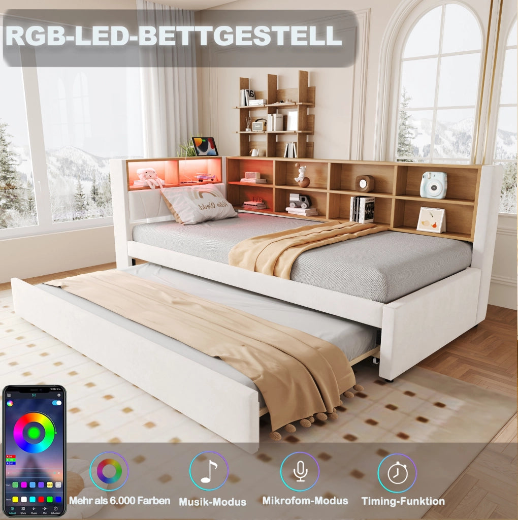 Letto estraibile multifunzionale 90 x 200 cm beige con LED