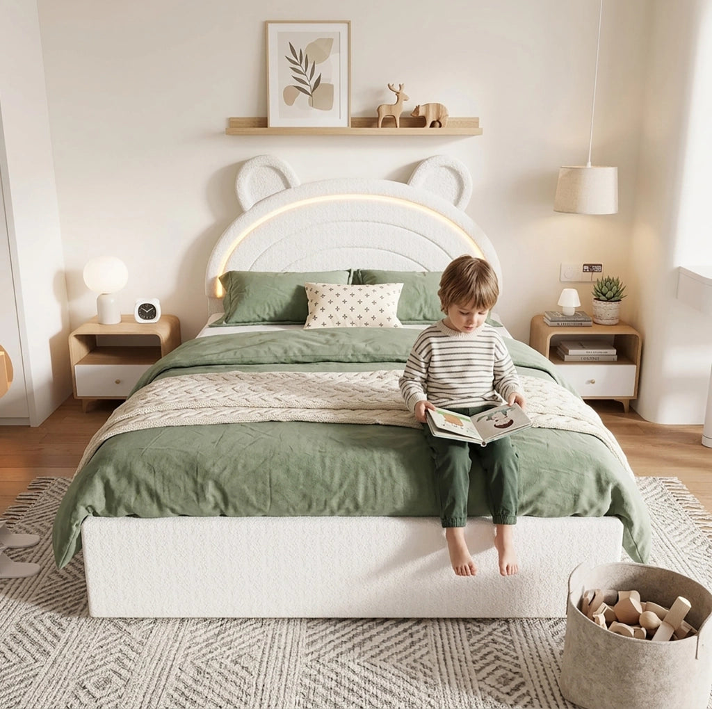 Letto imbottito per bambini 140x200 cm beige con testiera a forma di orso, 4 cassetti laterali e illuminazione LED controllata via app