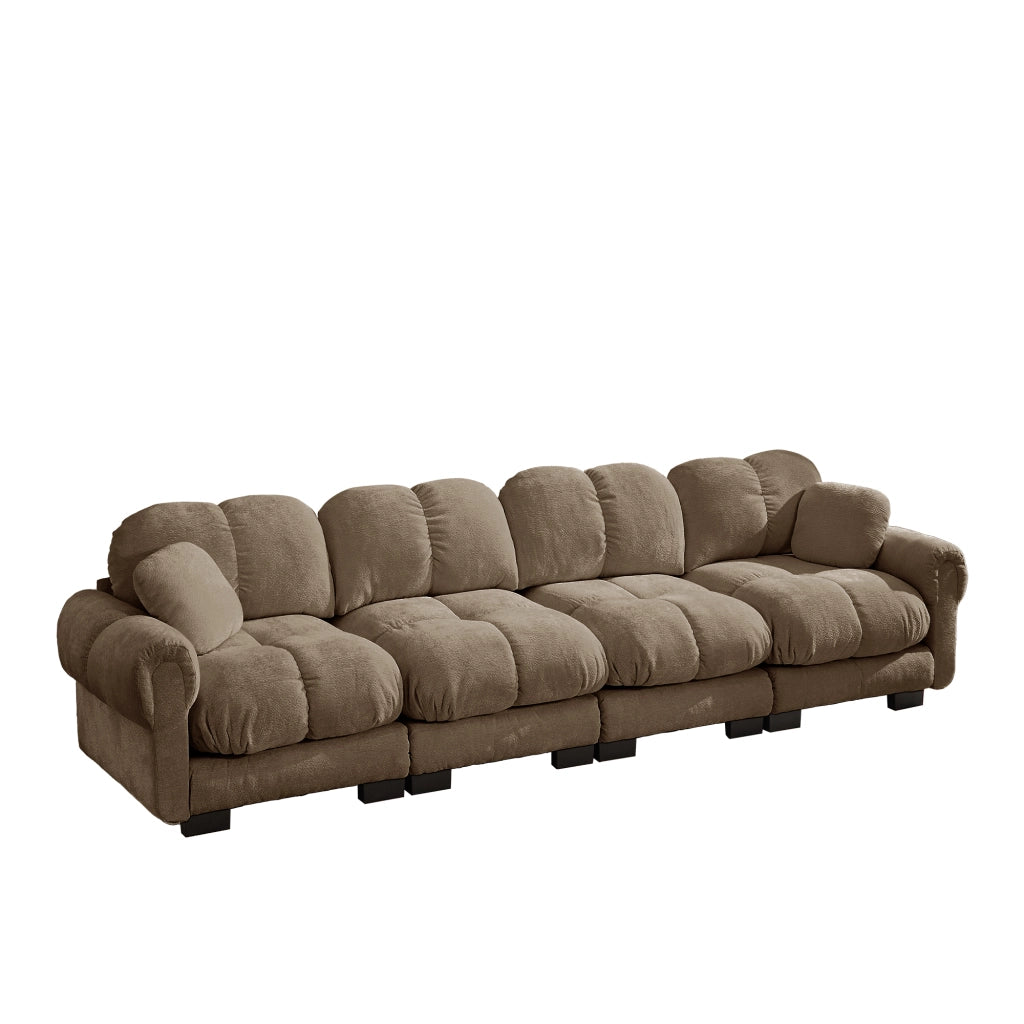 Divano modulare 330x86x90 cm con cuscini trapuntati e schienale curvo in ciniglia marrone