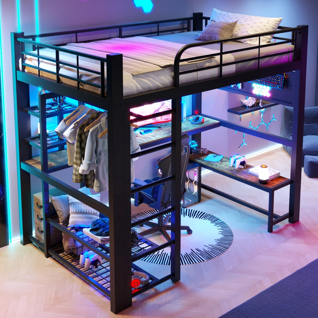 Letto a soppalco 140 × 200 cm con scrivania in legno LED ripiani appendiabiti pannello forato in metallo nero