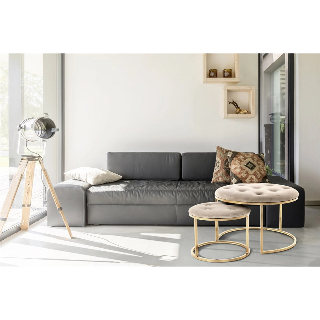 Set di 2 pouf Myla in velluto taupe e oro