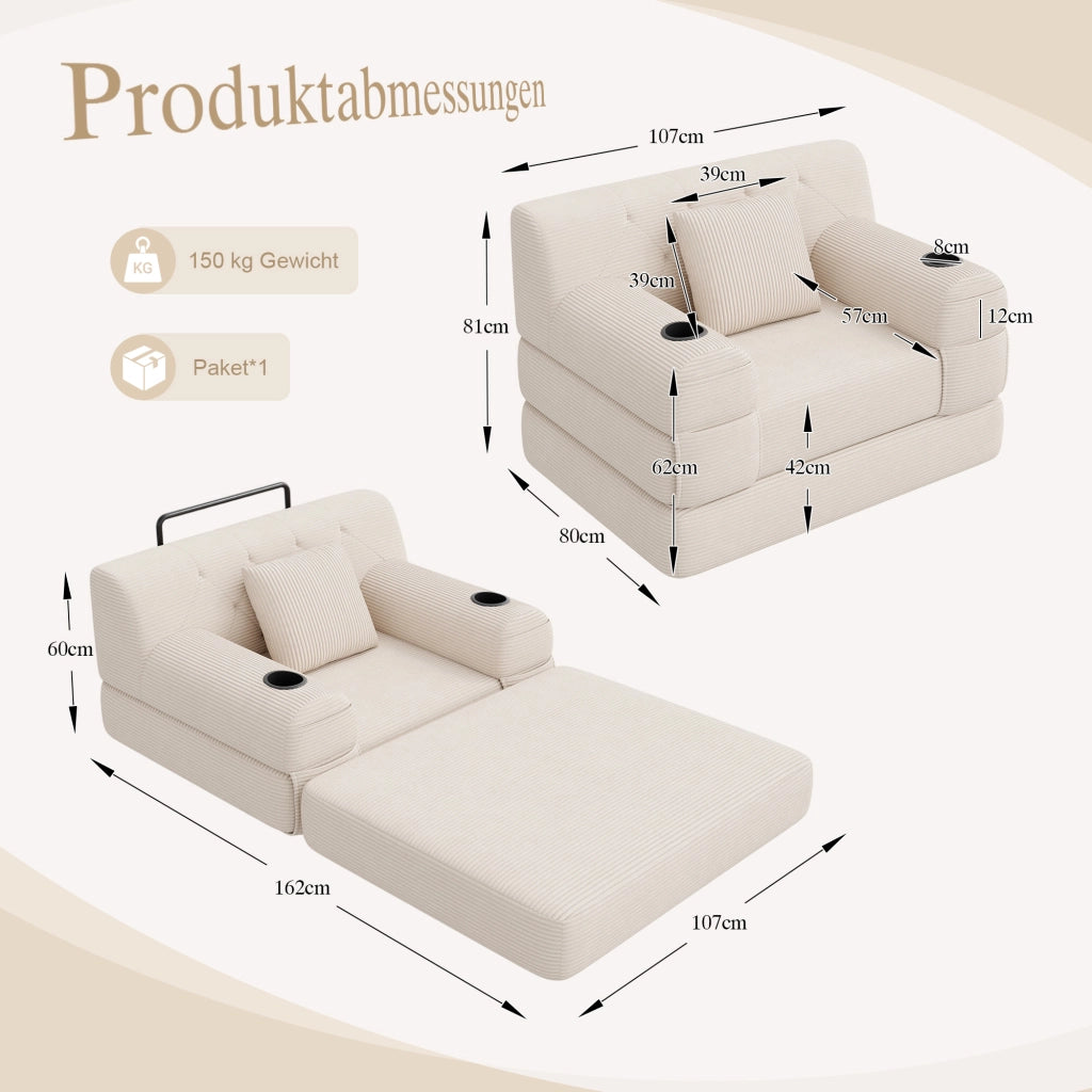 Divano letto singolo 107x162 cm in velluto a coste beige; schienale alto; 4 tasche e 2 portabevande