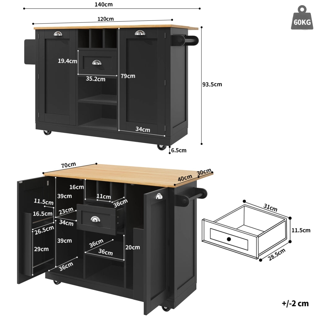Isola cucina 140x40x93,5 cm in MDF nero con piano ribaltabile e ruote