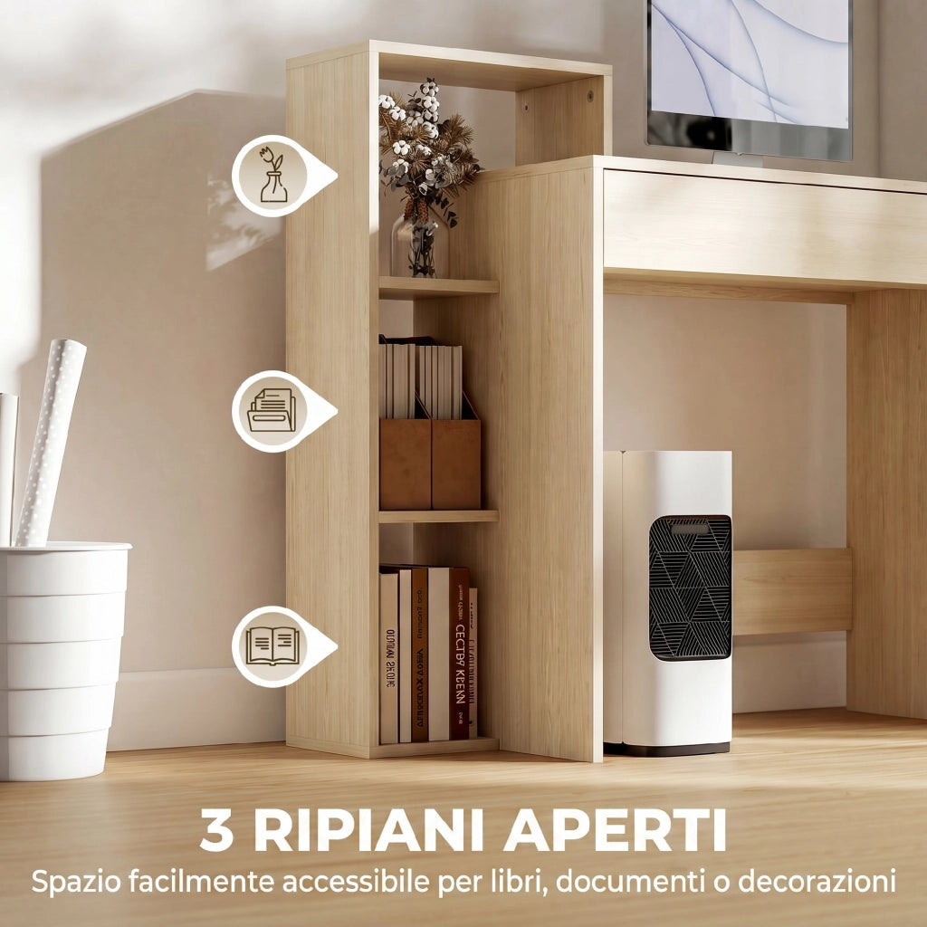 Scrivania PC Moderna con 3 Ripiani Aperti e Cassetto, in Legno, Color Legno, 100x40x90 cm