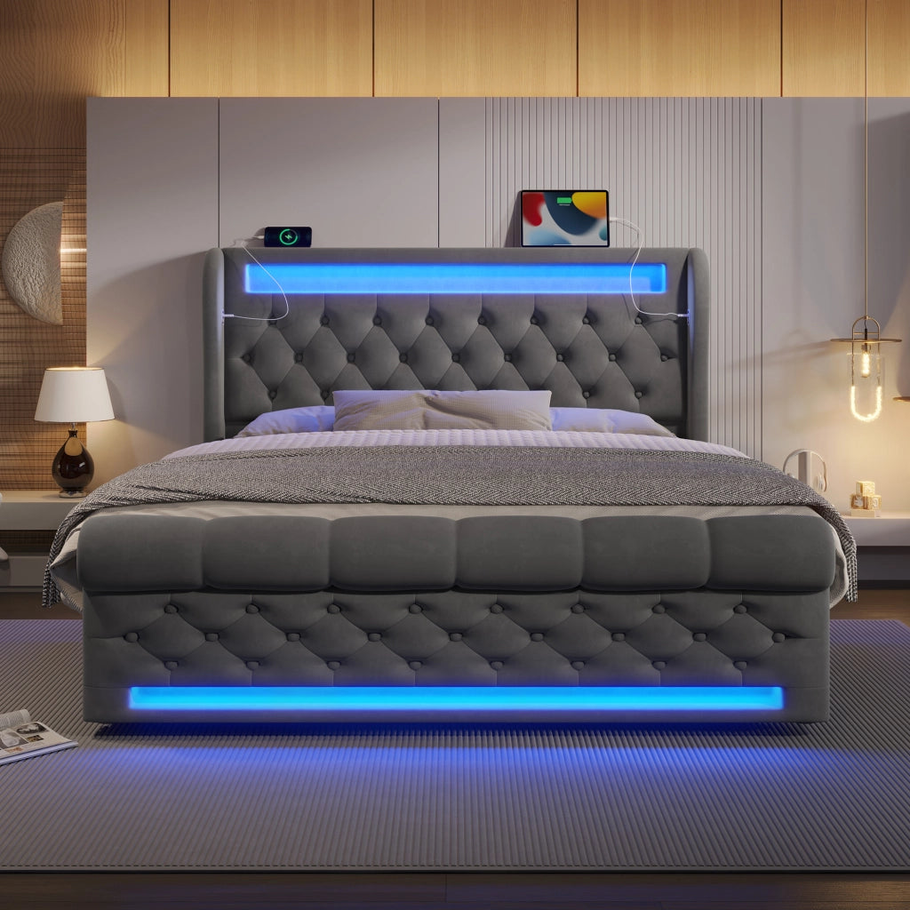 Letto con contenitore 160 × 200 cm idraulico con LED; USB e Type-C; testiera contenitore in velluto grigio