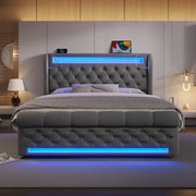 Letto con contenitore 160 × 200 cm idraulico con LED; USB e Type-C; testiera contenitore in velluto grigio