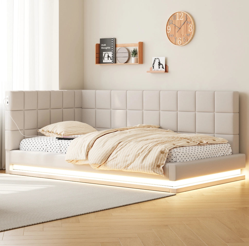 Divano letto imbottito 90x200 cm beige con LED e USB