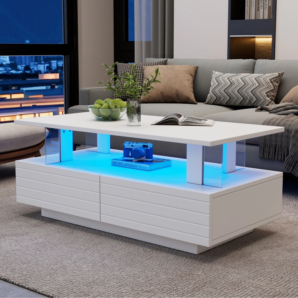 Tavolino da salotto LED con 2 cassetti e ripiano aperto, controllo con app e telecomando, bianco, 100 × 50 × 42 cm