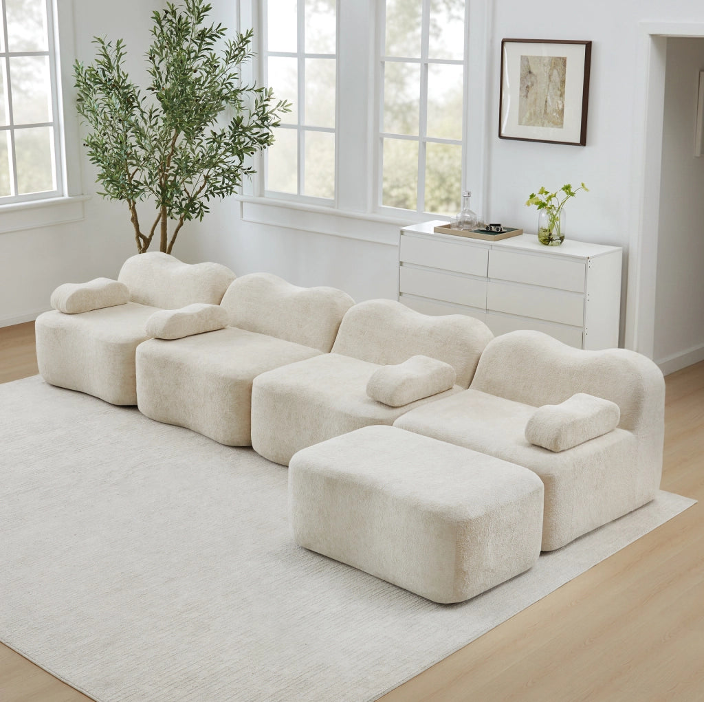 Divano modulare L 384x167x70 cm in velluto beige, con ottomana, per spazi piccoli –