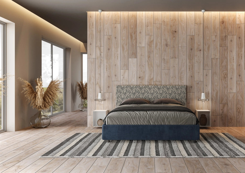 Letto Matrimoniale 160x210 cm con Rete e Contenitore con Testata e Alzata Comoda Imbottito in Tessuto Era Arla Blu