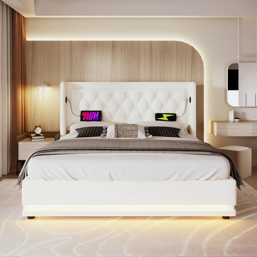 Letto matrimoniale 180x200 cm bianco in PU con contenitore idraulico, LED e ricarica USB-C