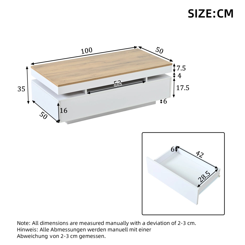 Tavolino da salotto con LED 100x50x35 cm componibile 2 cassetti legno e bianco