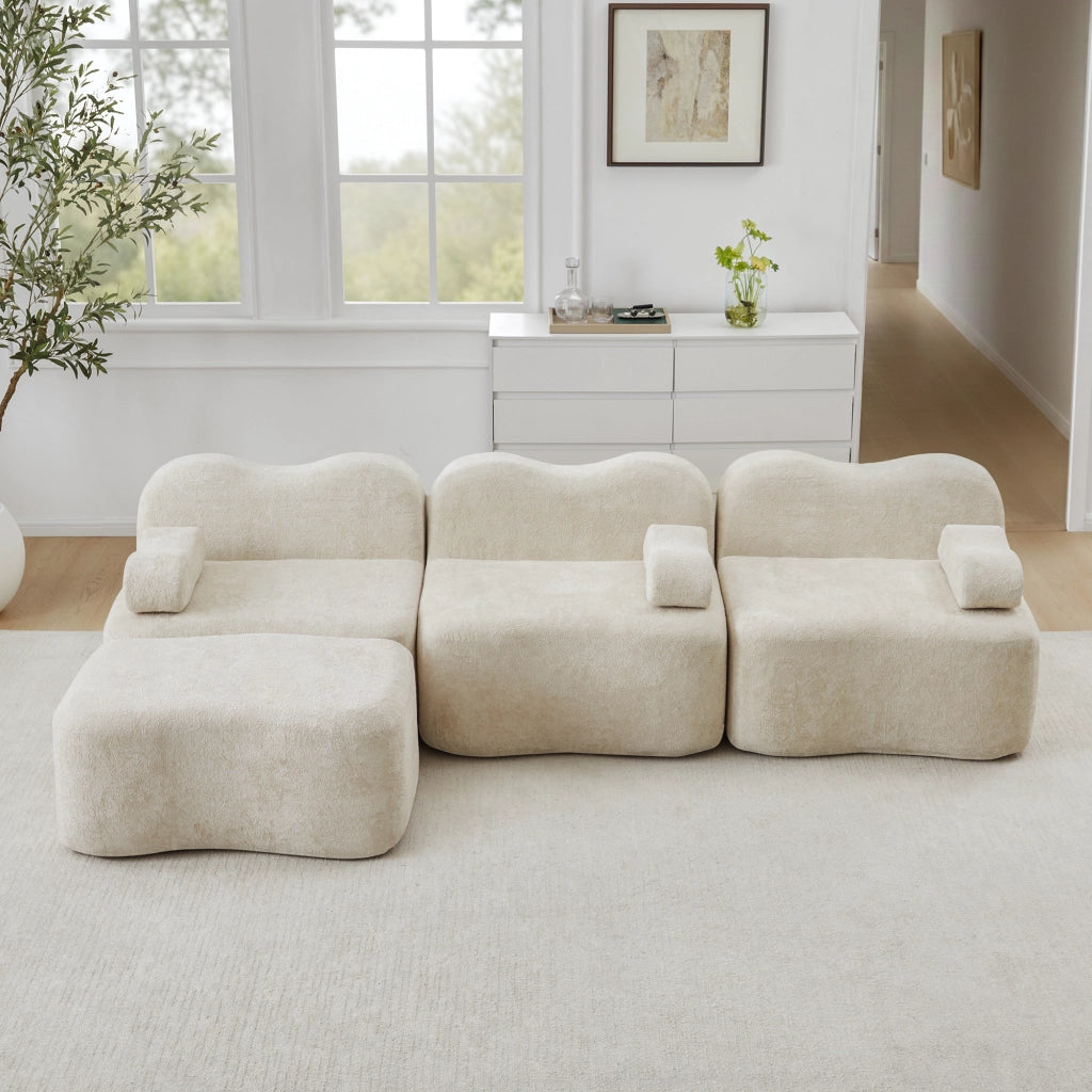Divano angolare modulare 3 posti con pouf, seduta profonda e braccioli mobili in velluto beige
