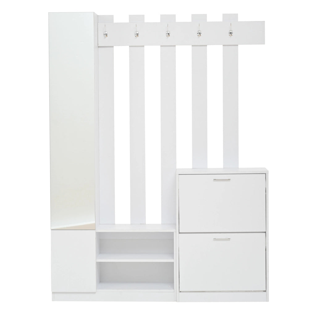 Set da ingresso con specchio; 2 scarpiere a ribalta e 5 ganci; 135 ¡Á 25 ¡Á 180 cm; bianco