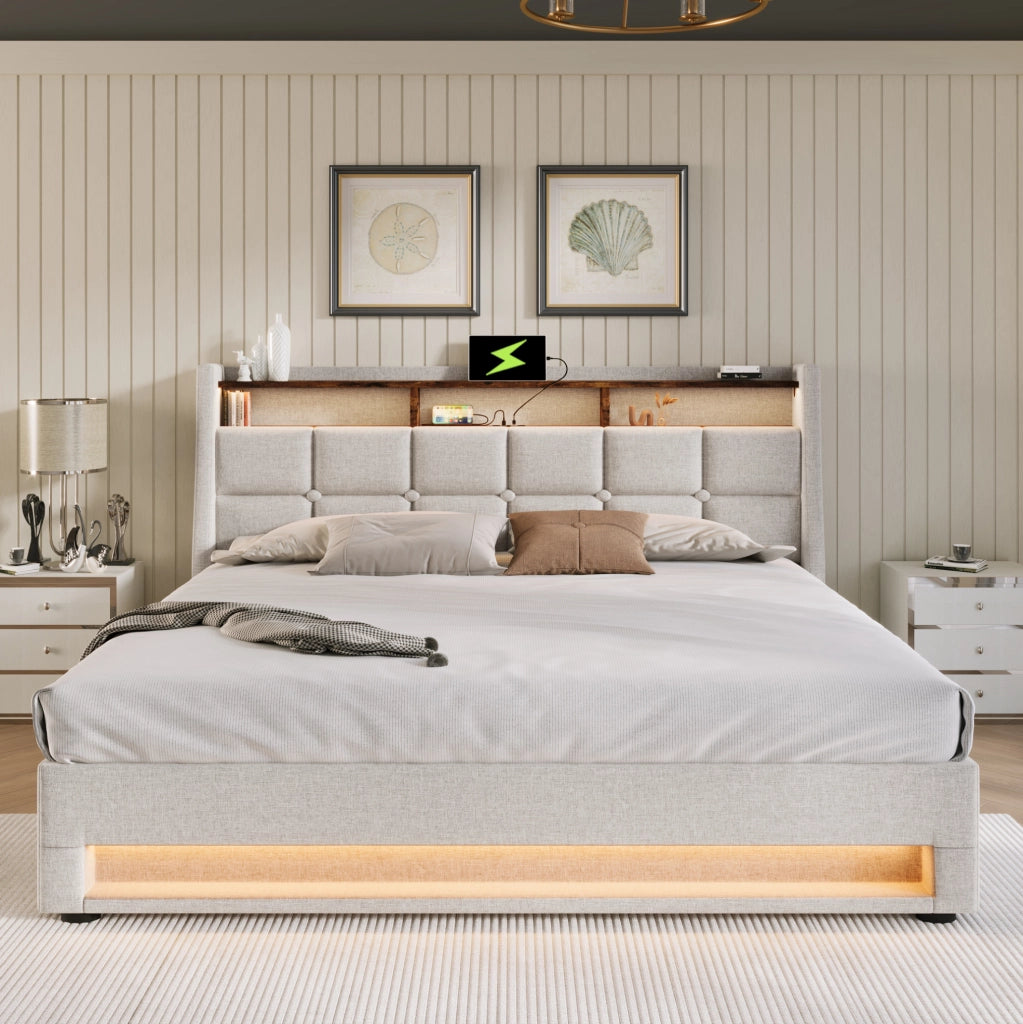 Letto matrimoniale 140x200 cm con contenitore; LED e USB in lino beige chiaro
