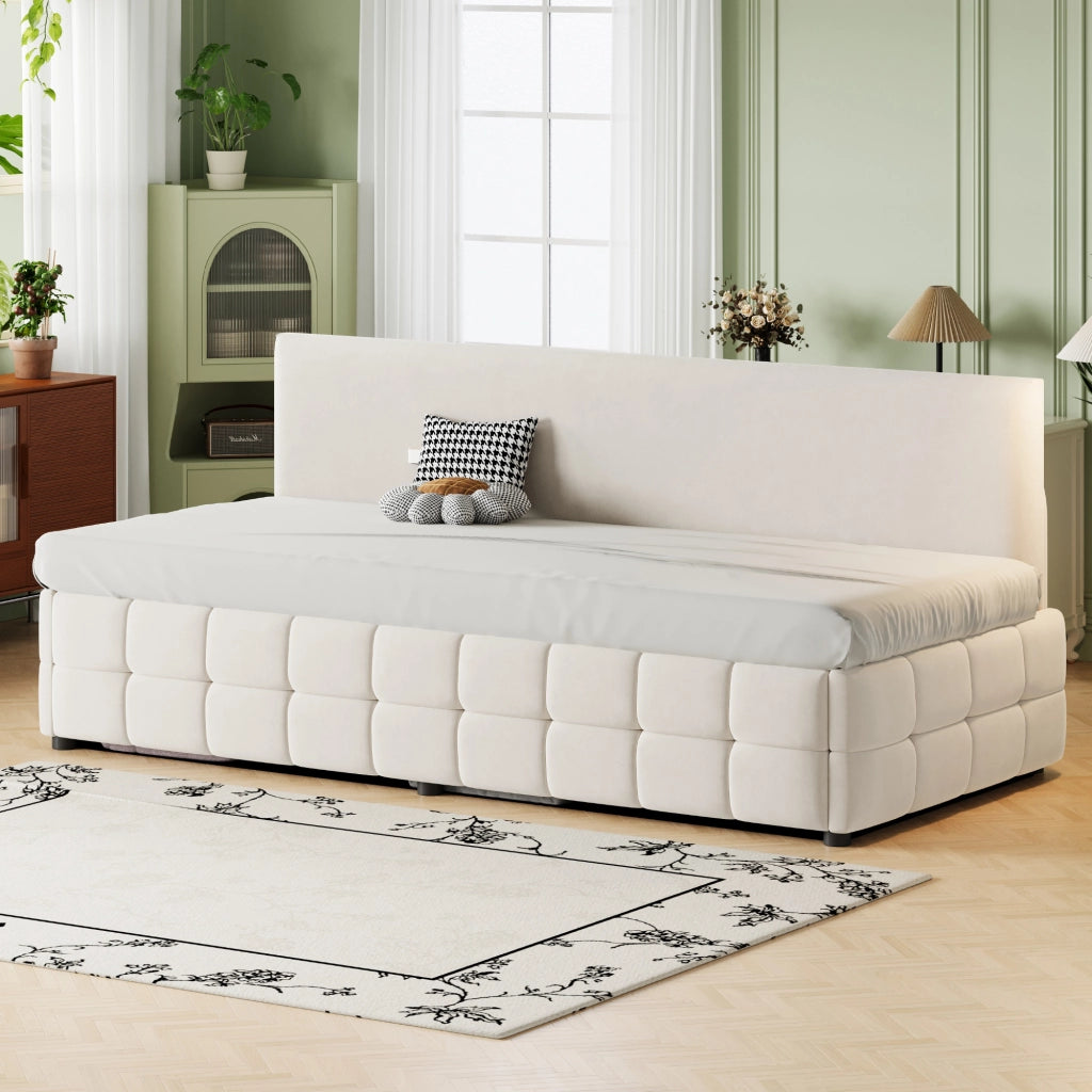 Letto imbottito singolo 90×200 cm con contenitore idraulico; rete a doghe e senza materasso; beige