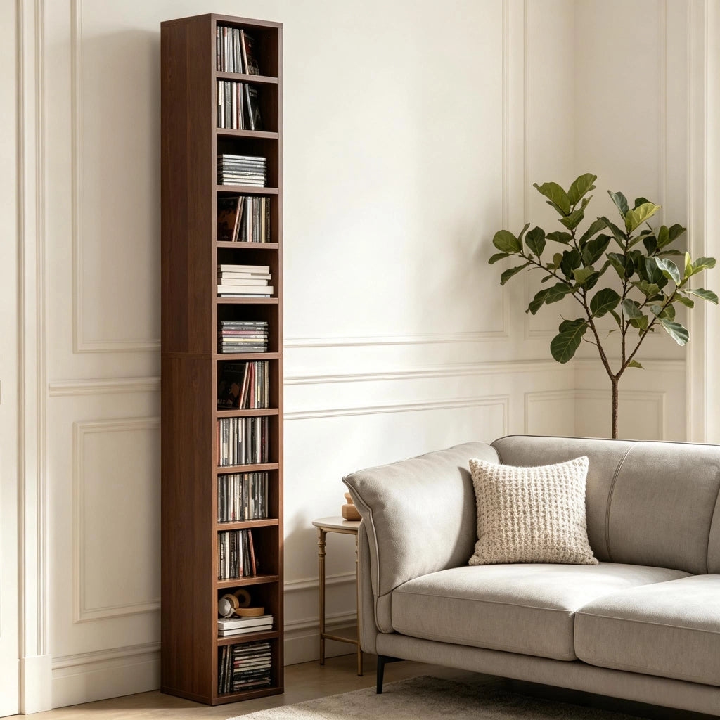 Scaffalatura porta CD a 12 livelli in MDF e truciolare marrone con sistema antiribaltamento 21 × 20 × 175 cm